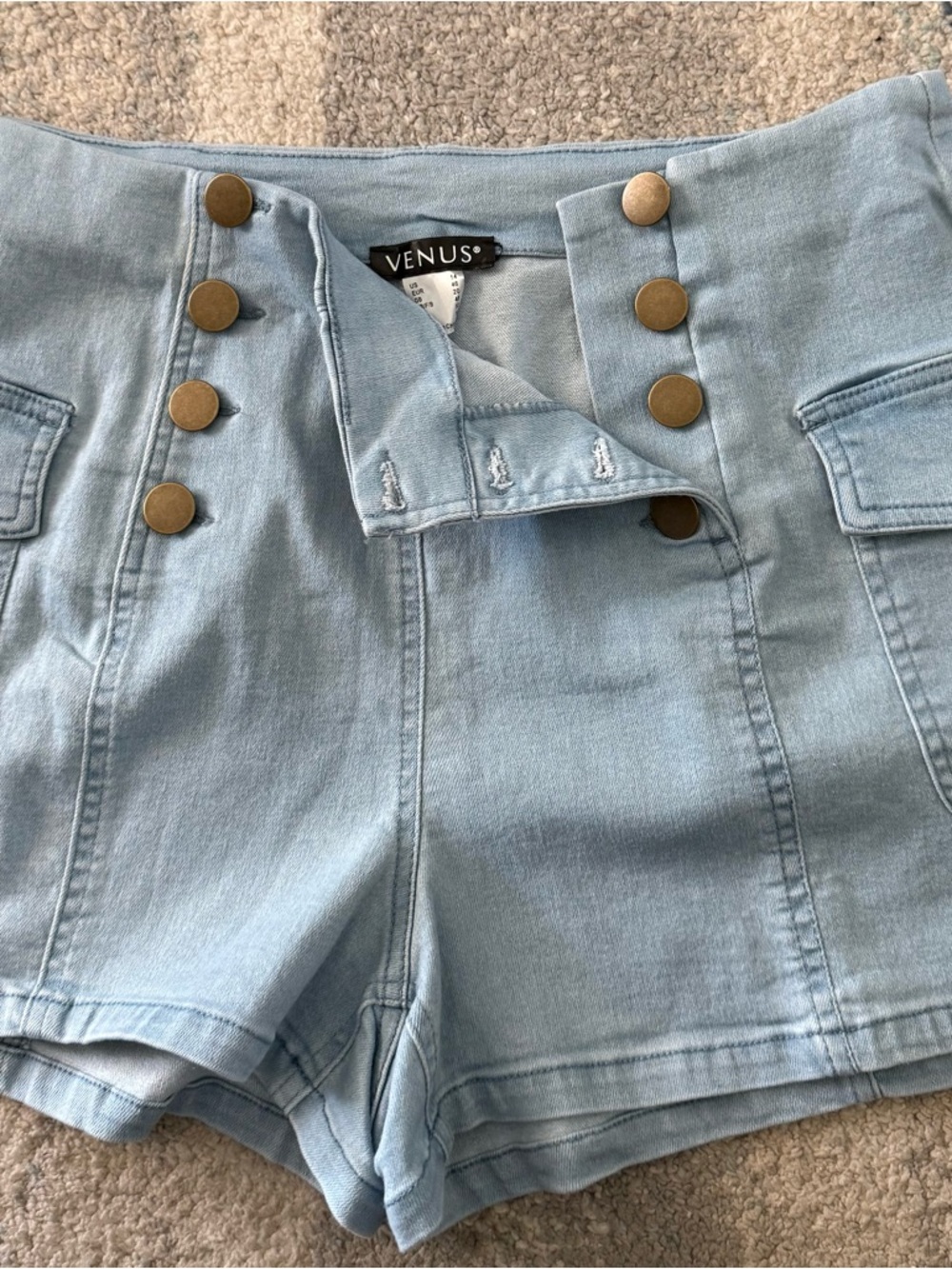 VENUS Pale Blue High-Waist Button-Accent Shorts.  Size 14 but more like 12.